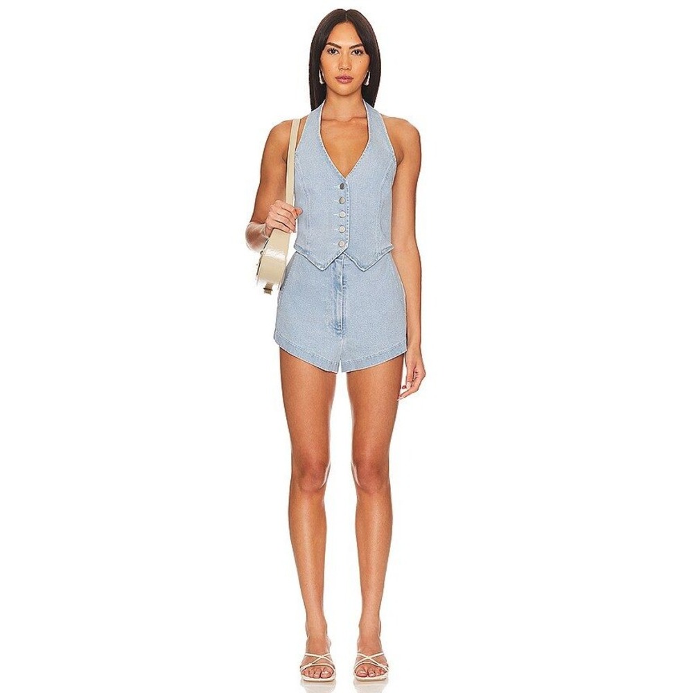 Amanda Uprichard Women Boho Minimalist Denim Halter Vest Kelso Romper Large Blue